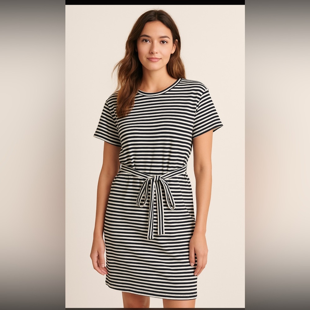 Lucky Brand Black White Striped Tie Waist Dress Women’s Small 100% Cotton Casual